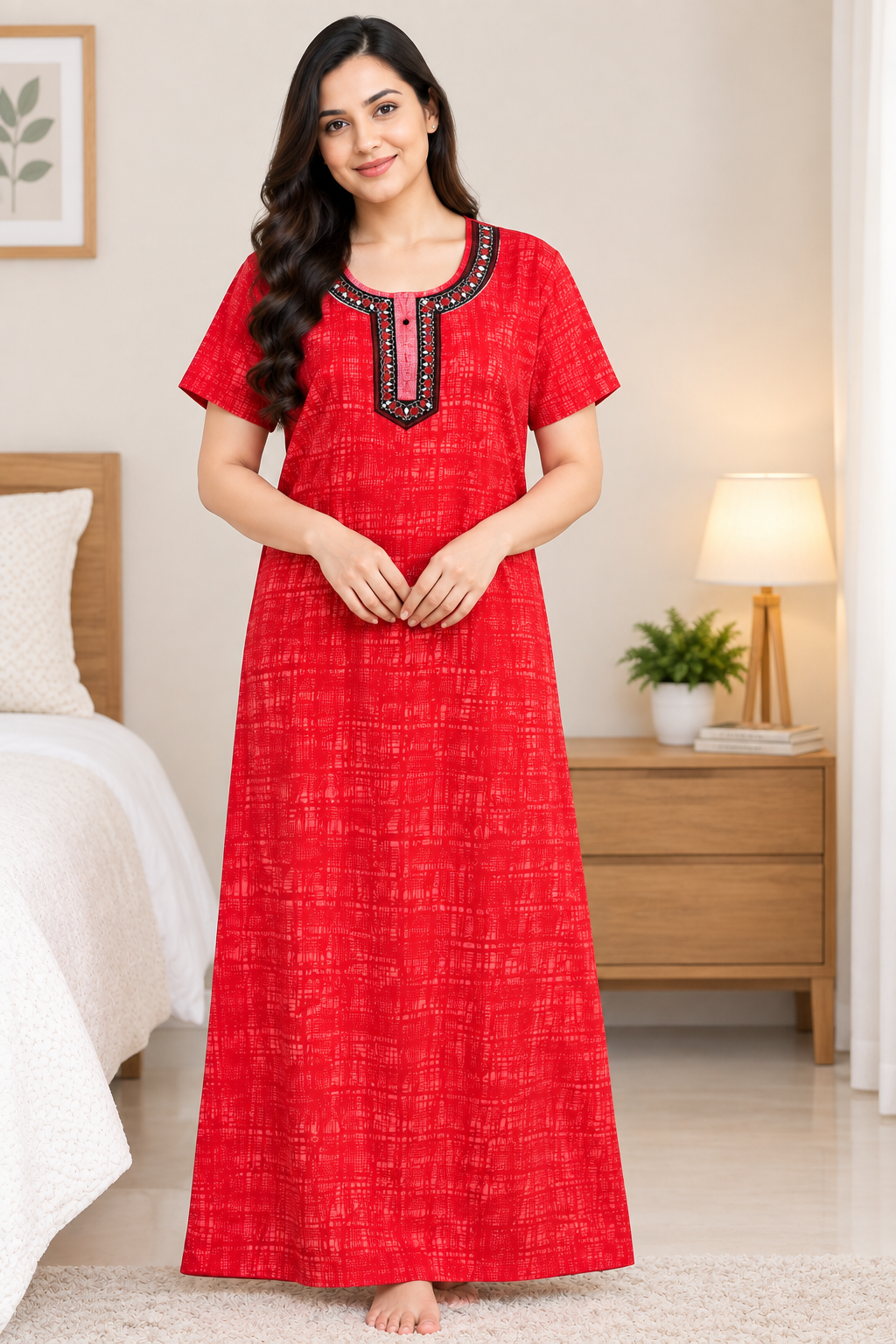 Women’s Cotton Nighty Red Printed Nightdress with Half Sleeves, Stylish Round Neck & Full Length