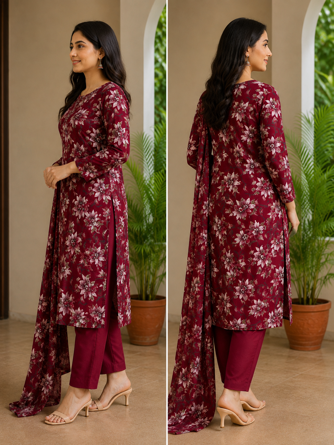 Women’s Maroon Floral Printed Kurta Set with Dupatta & Pants | Elegant 3-Piece Ethnic Wear