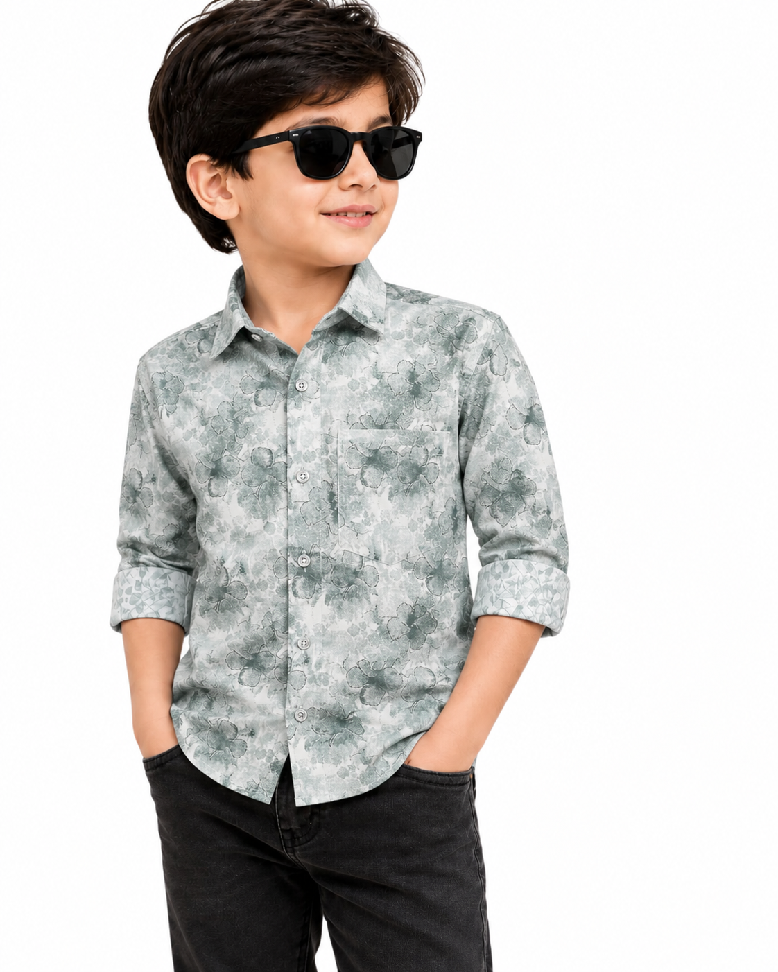 Boys Grey Floral Printed Cotton Shirt | Stylish Casual & Party Wear Kids Shirt