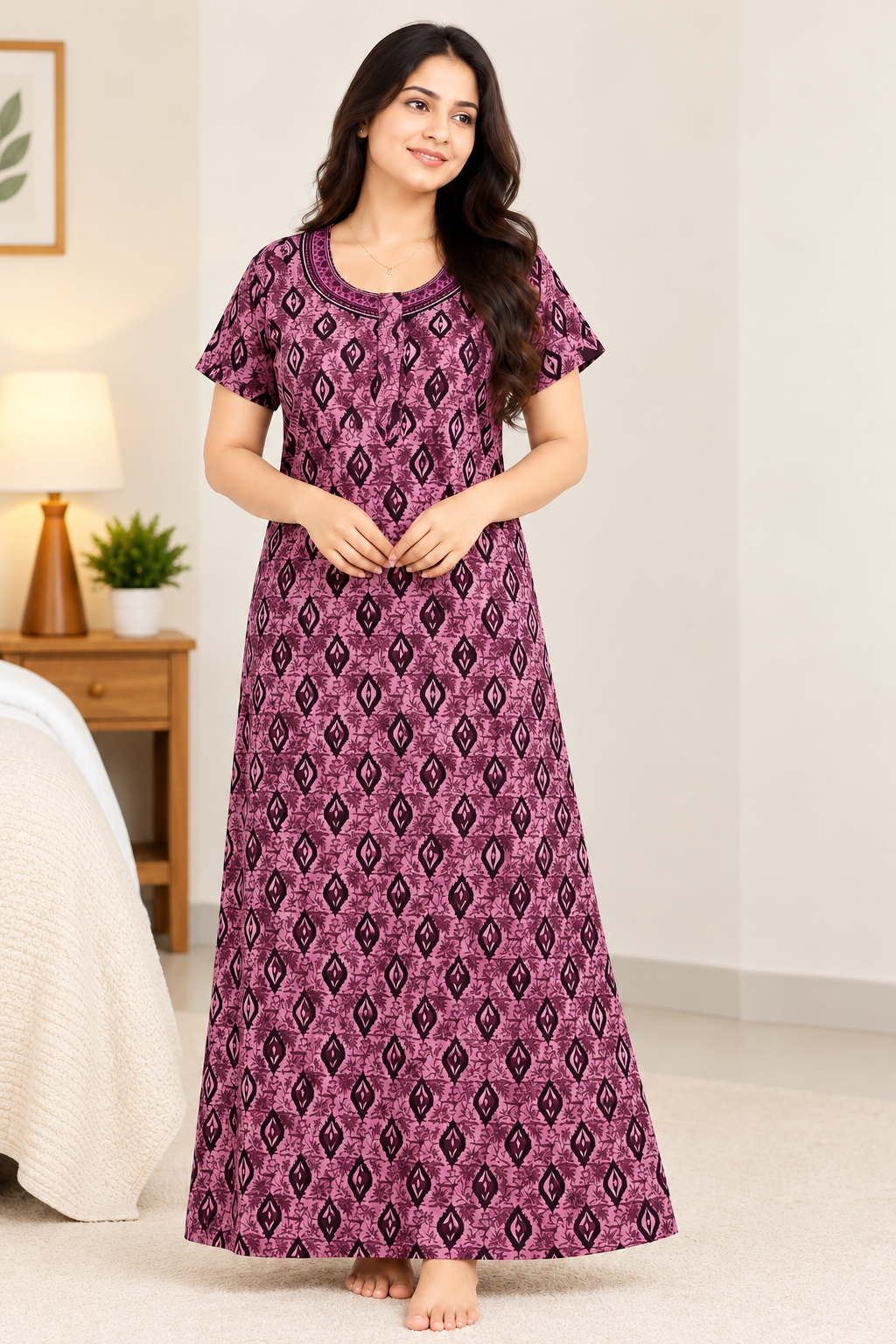 Women’s Cotton Nighty | Pink Printed Long Night Dress | Half Sleeve Round Neck Nightgown for Women