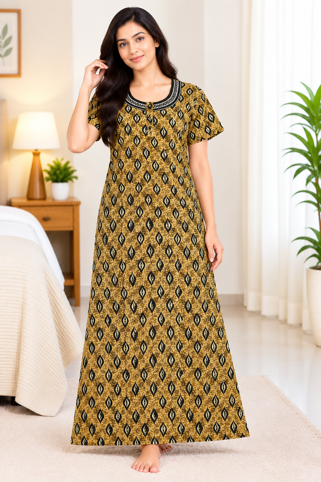 Women’s Cotton Nighty Mustard Yellow Printed Nightdress with Half Sleeves, Round Neck & Full Length
