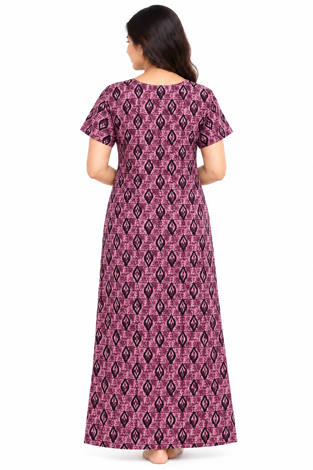 Women’s Cotton Nighty | Pink Printed Long Night Dress | Half Sleeve Round Neck Nightgown for Women