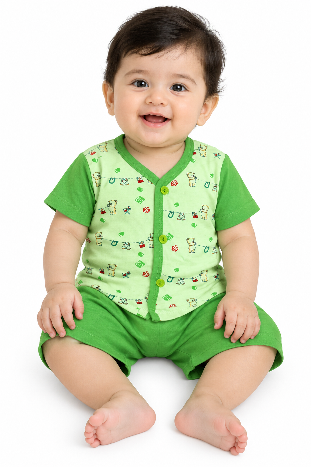 Baby Unisex Cotton Dress Set | Printed Front-Open Top & Shorts | Soft Half-Sleeve Summer Wear for Infants