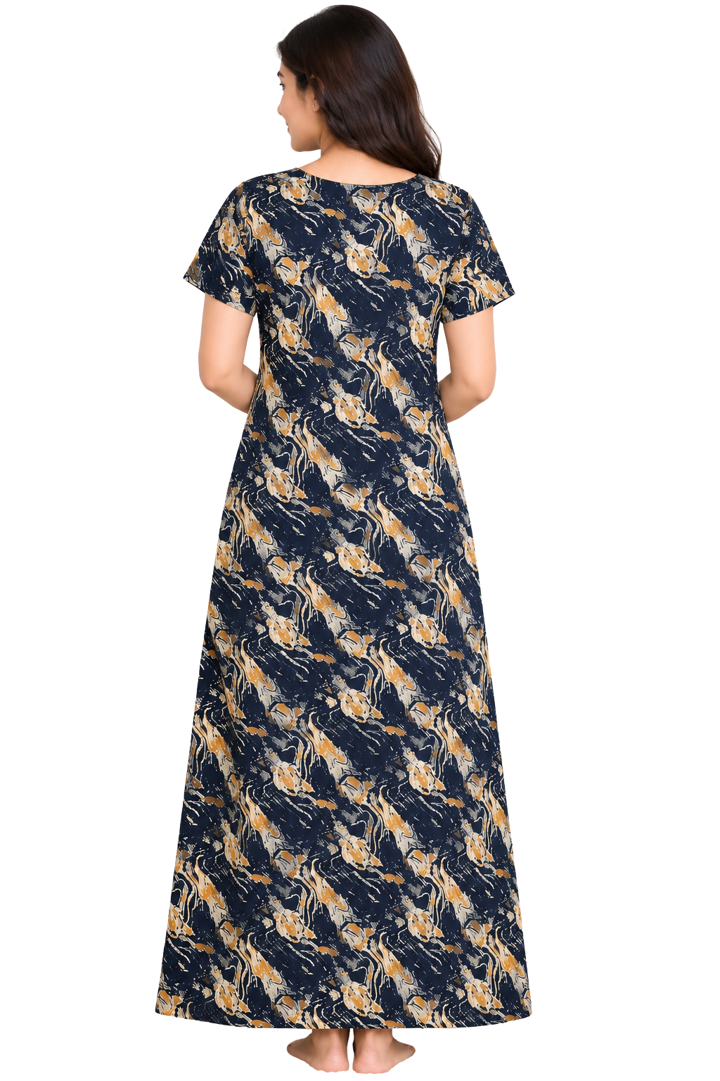 Women’s Navy Blue Floral Printed Cotton Nighty with Decorative Neck Design – Short Sleeve Full-Length Nightdress