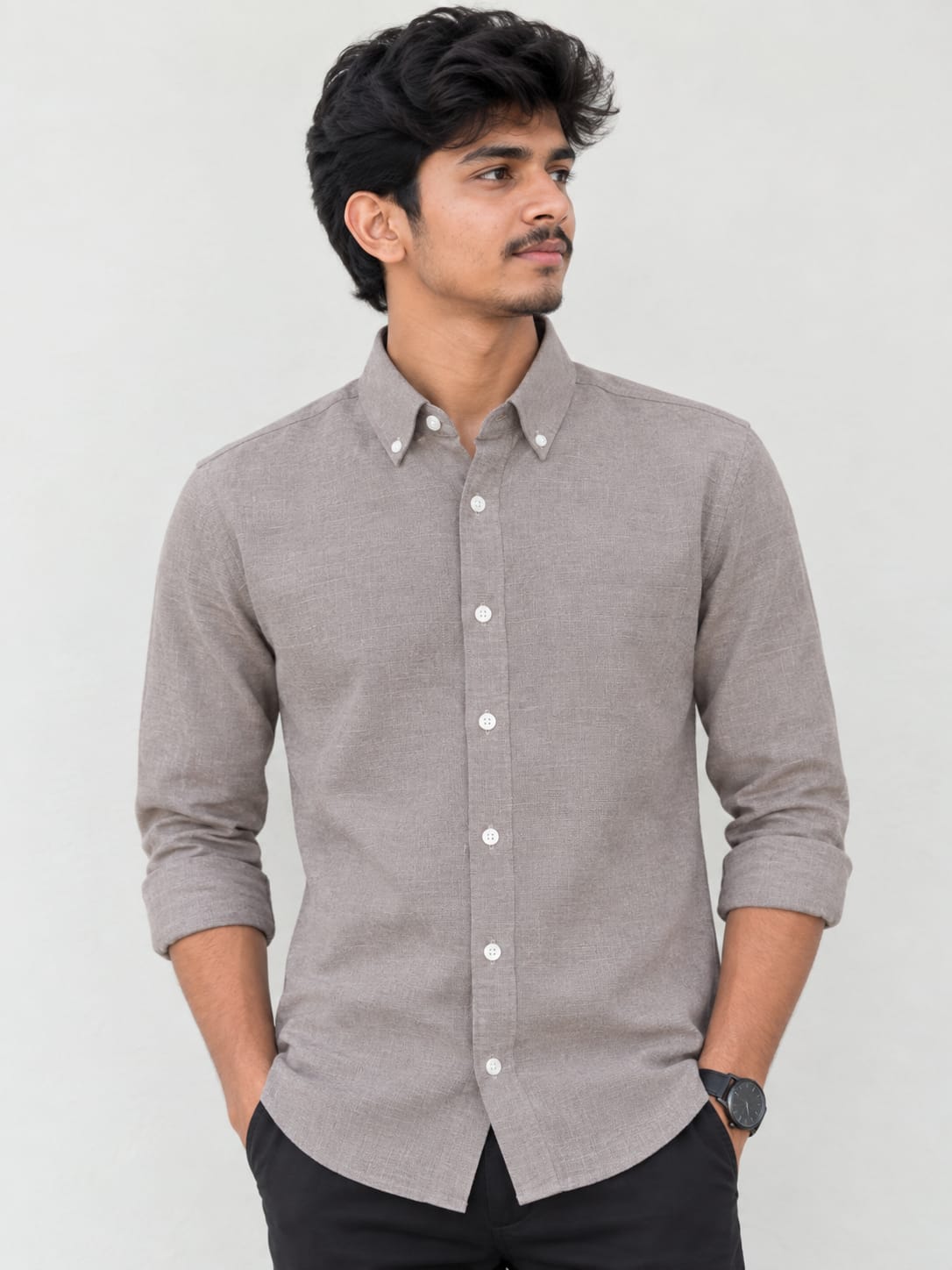 Men's Grey Linen Full Sleeve Shirt | Solid Textured Regular Fit Button-Down Shirt | Casual & Formal Wear