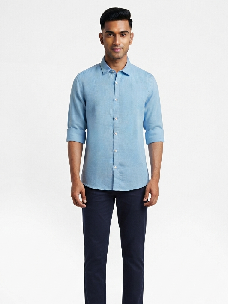 Men's Sky Blue Solid Casual Linen Shirt | Regular Fit Long-Sleeve Shirt for Summer & Casual Wear