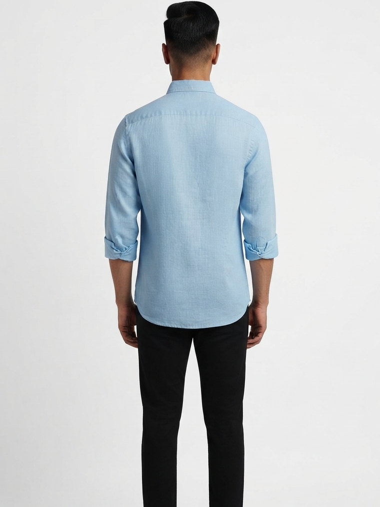 Men's Sky Blue Solid Casual Linen Shirt | Regular Fit Long-Sleeve Shirt for Summer & Casual Wear