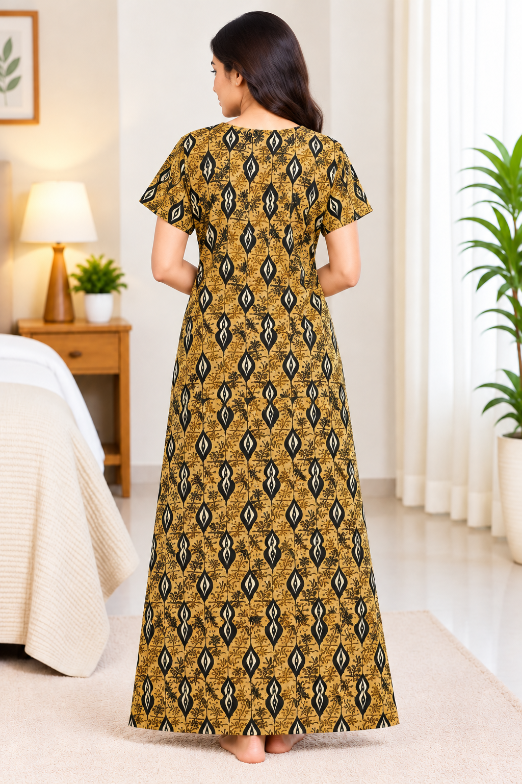 Women’s Cotton Nighty Mustard Yellow Printed Nightdress with Half Sleeves, Round Neck & Full Length
