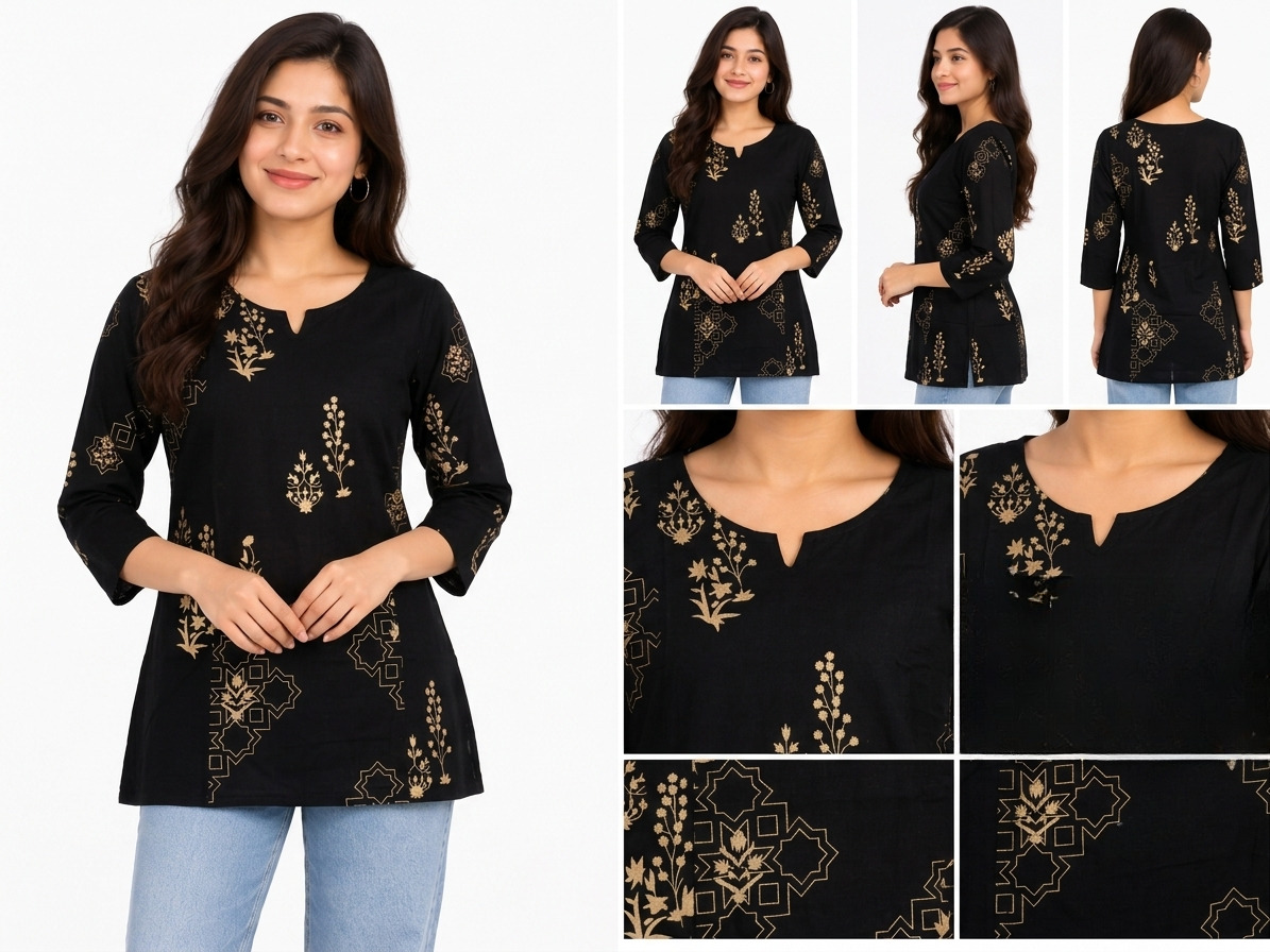 Women’s Black Printed Cotton Short Kurti | 3/4 Sleeve Casual Straight Kurta with V-Neck