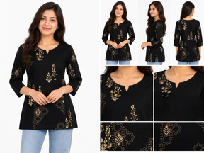 Women’s Black Printed Cotton Short Kurti | 3/4 Sleeve Casual Straight Kurta with V-Neck