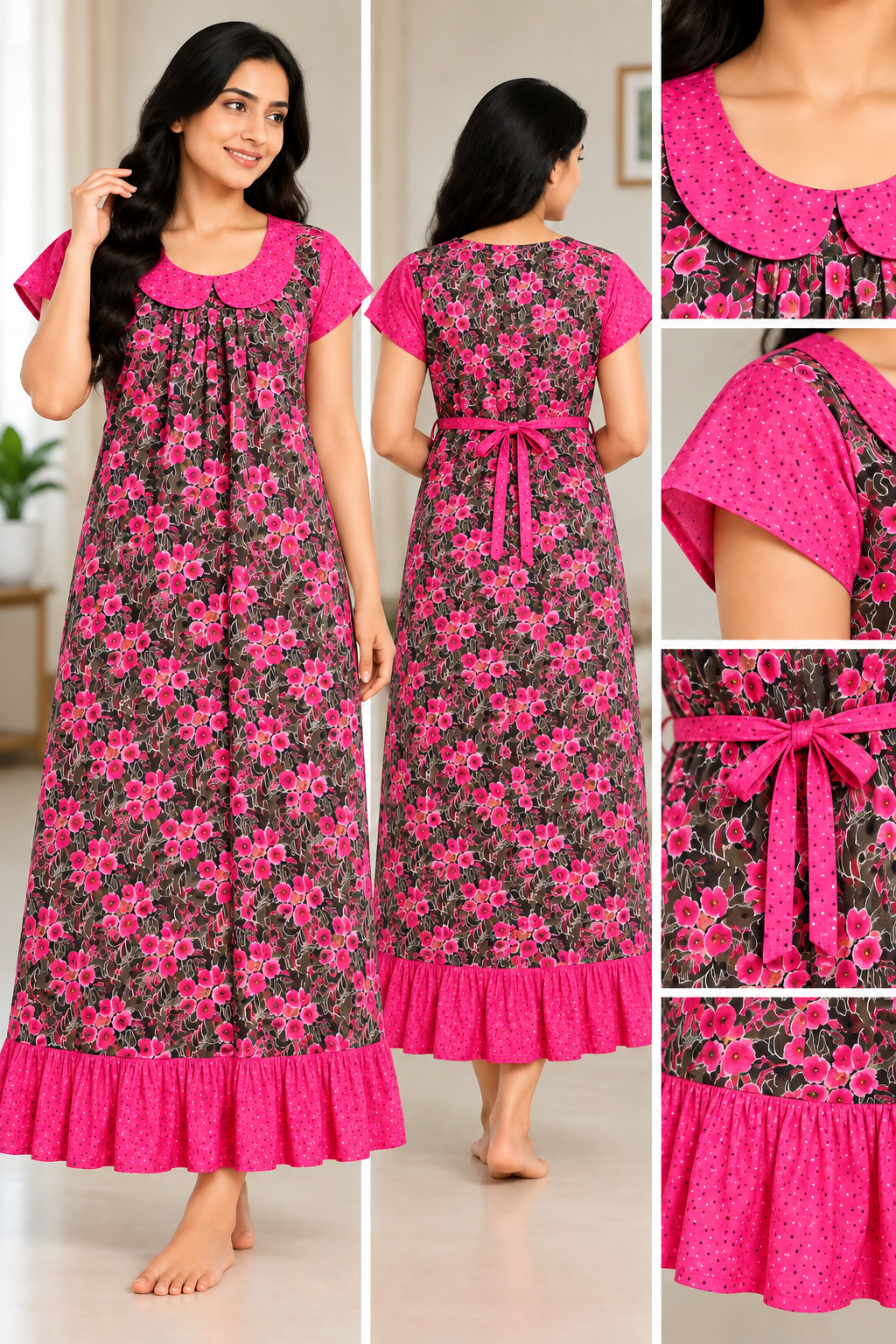 Women’s Cotton Printed Frock Nighty | Pink Floral Long Nightdress with Round Collar & Frill | Comfortable Daily Wear Sleepwear