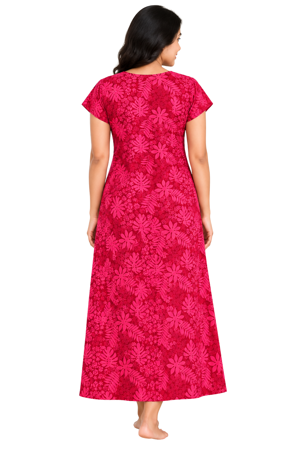Women’s Cotton Nighty |  Floral Printed Night Dress with Short Sleeves & Round Neck