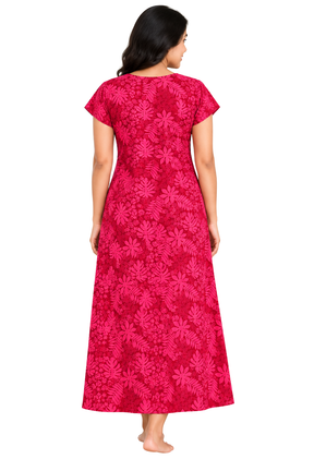 Women’s Cotton Nighty |  Floral Printed Night Dress with Short Sleeves & Round Neck