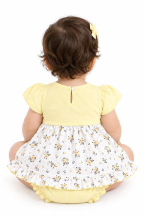 Baby Girl Cotton Frock – Floral Printed Dress with Embroidered Bodice & Frill Design
