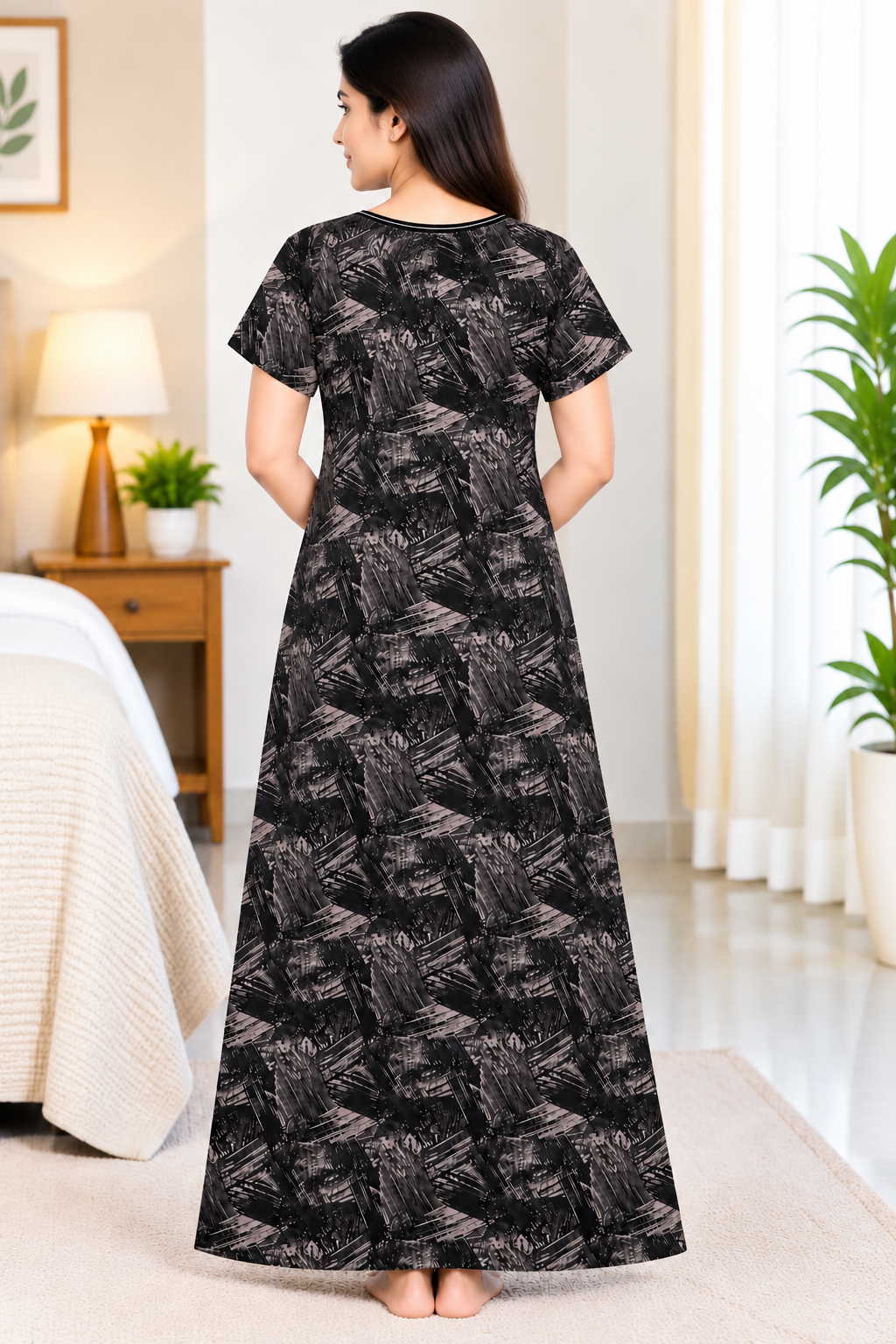 Women’s Black Abstract Printed Cotton Nighty with Decorative Neck Design – Short Sleeve Long Nightdress