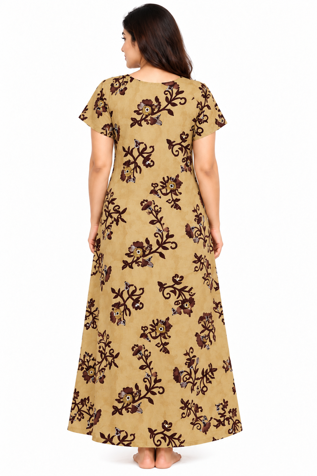 Women’s Cotton Nighty Beige Floral Printed Nightdress with Half Sleeves, Stylish Round Neck & Full Length