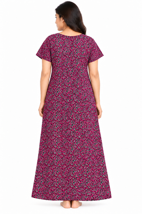 Women’s Cotton Nighty – Pink & Black Printed Short Sleeve Long Night Dress