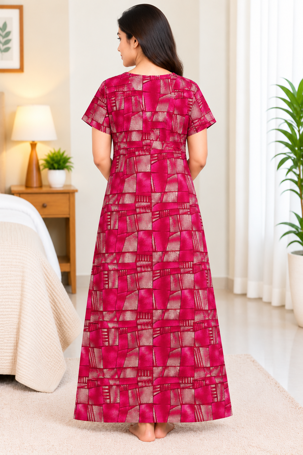 Women’s Cotton Nighty – Magenta Geometric Printed Half Sleeve Long Night Dress