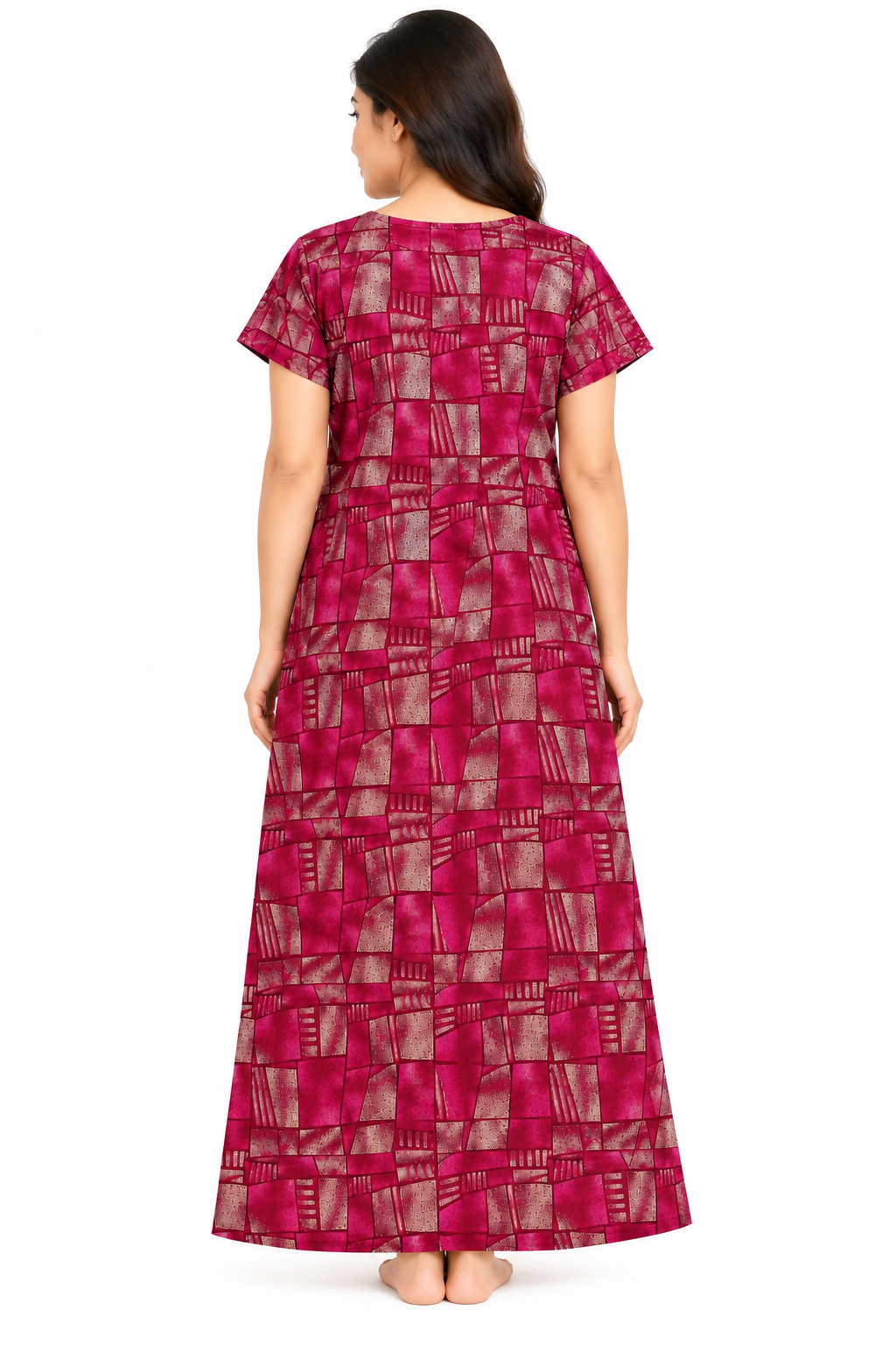 Women’s Cotton Nighty – Magenta Geometric Printed Half Sleeve Long Night Dress