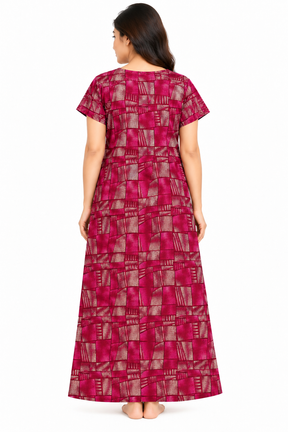 Women’s Cotton Nighty – Magenta Geometric Printed Half Sleeve Long Night Dress