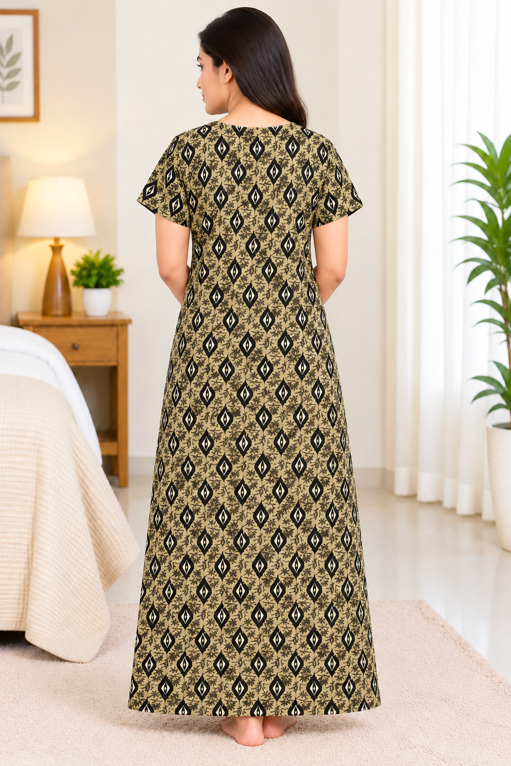 Women's Cotton Printed Full Length Nighty | Short Sleeve Round Neck Nightdress with Button Front | Black and Beige Floral Pattern Sleepwear