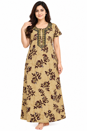 Women’s Cotton Nighty Beige Floral Printed Nightdress with Half Sleeves, Stylish Round Neck & Full Length