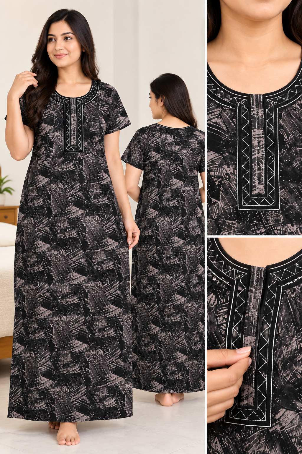 Women’s Black Abstract Printed Cotton Nighty with Decorative Neck Design – Short Sleeve Long Nightdress