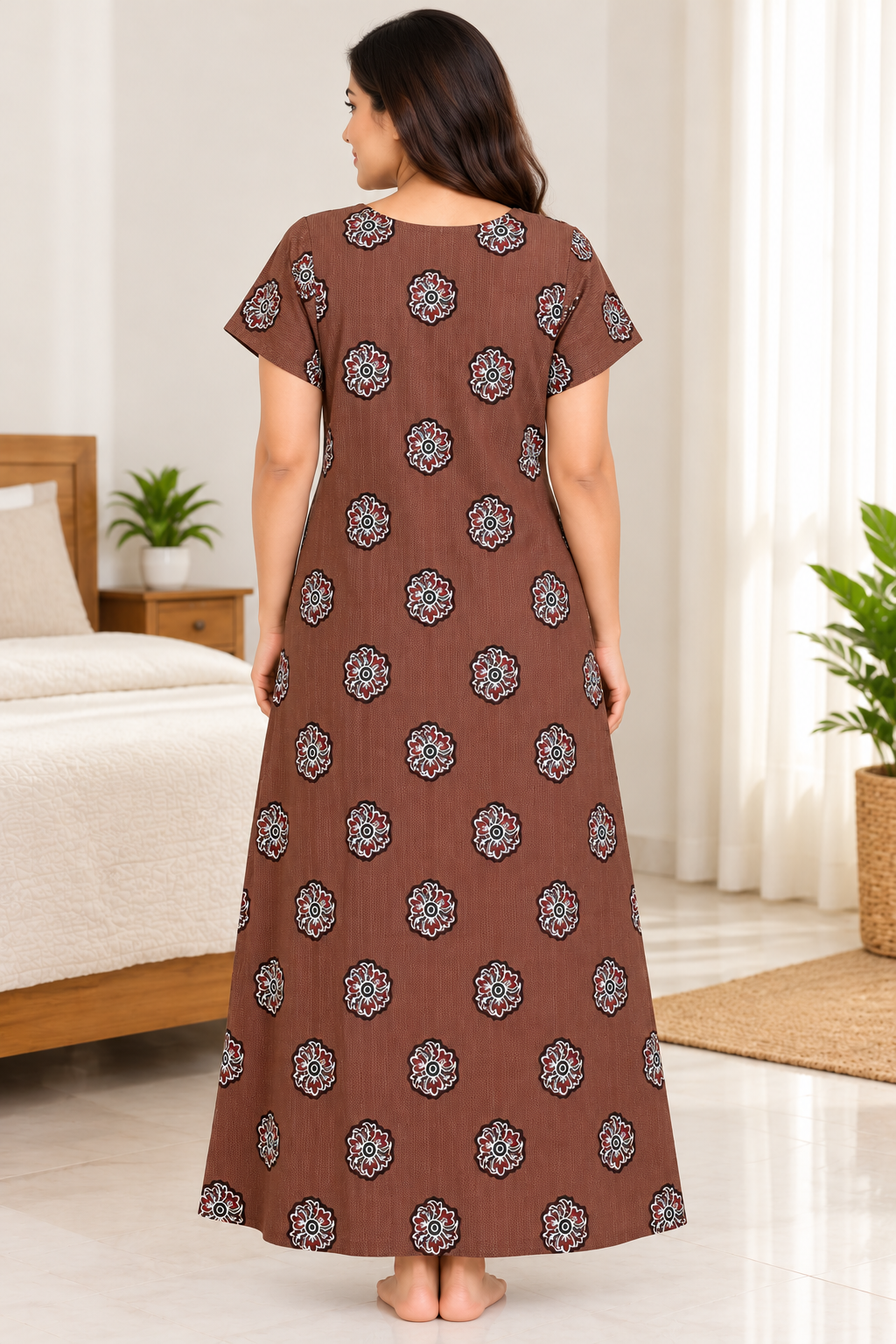 Women’s Cotton Nighty | Brown Floral Printed Long Night Dress | Half Sleeve Round Neck Nightgown for Women