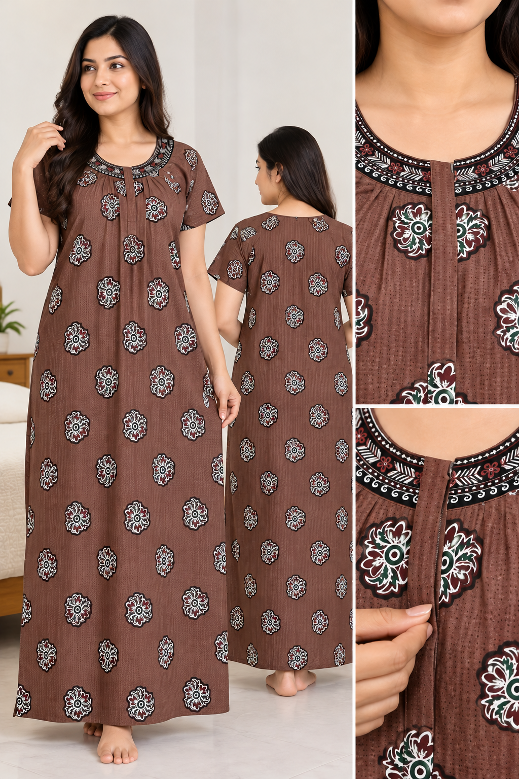 Women’s Cotton Nighty | Brown Floral Printed Long Night Dress | Half Sleeve Round Neck Nightgown for Women