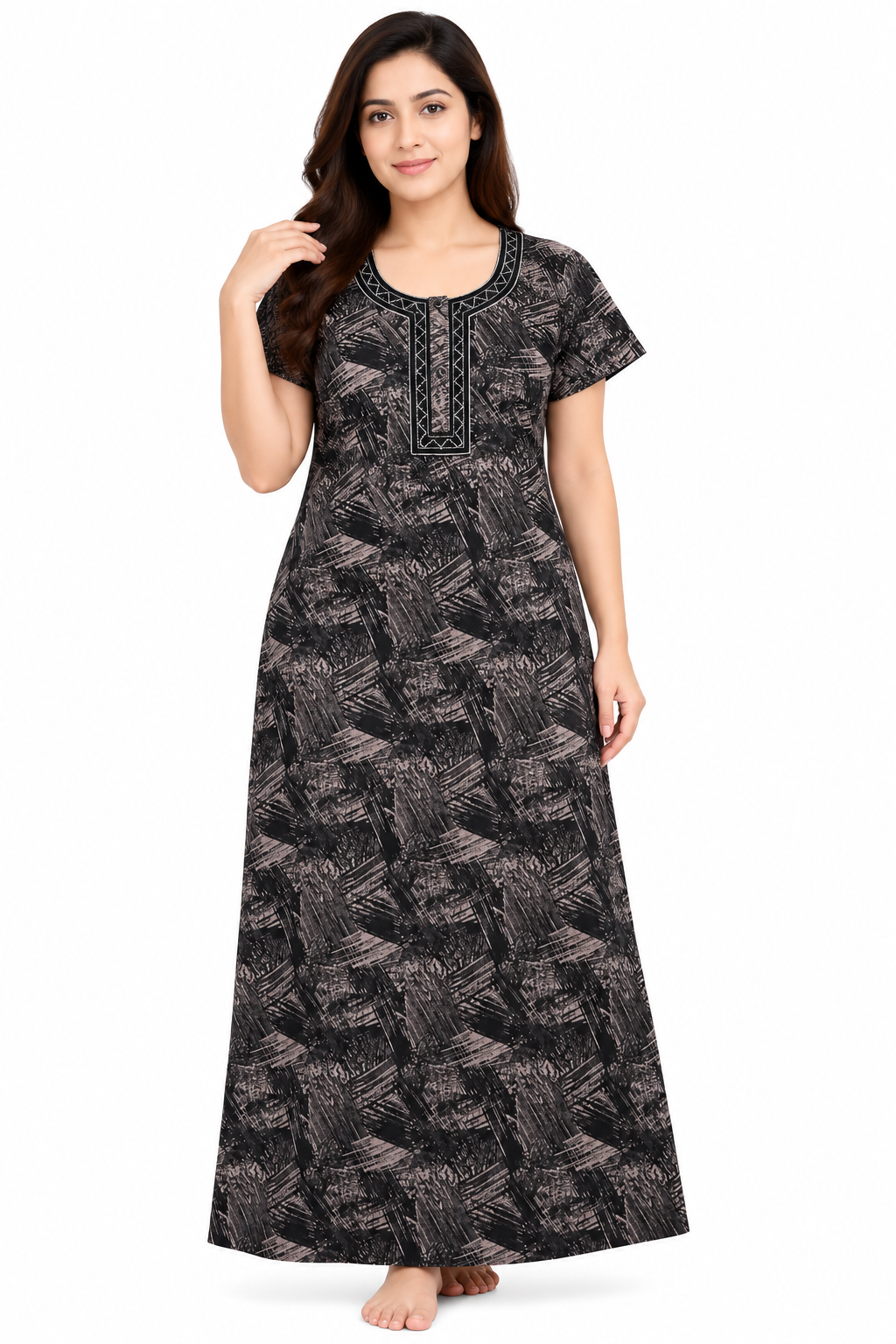 Women’s Black Abstract Printed Cotton Nighty with Decorative Neck Design – Short Sleeve Long Nightdress