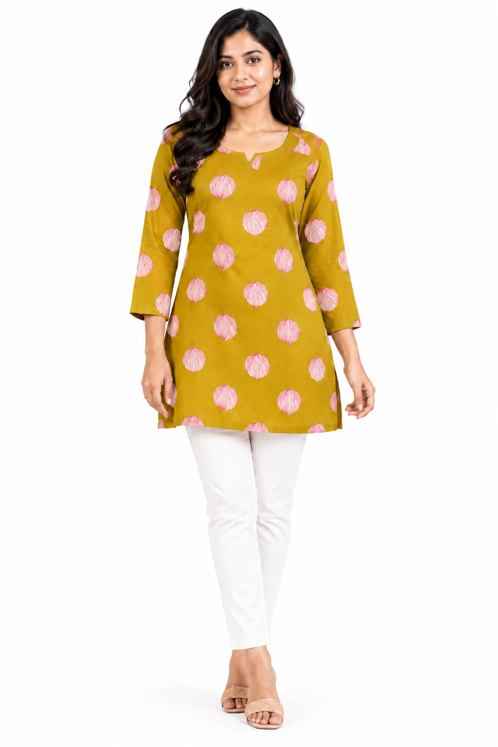 Women’s Cotton Printed Short Kurti | Mustard Yellow Floral Print 3/4 Sleeve Straight Kurta