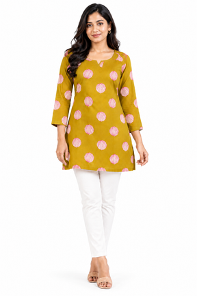 Women’s Cotton Printed Short Kurti | Mustard Yellow Floral Print 3/4 Sleeve Straight Kurta