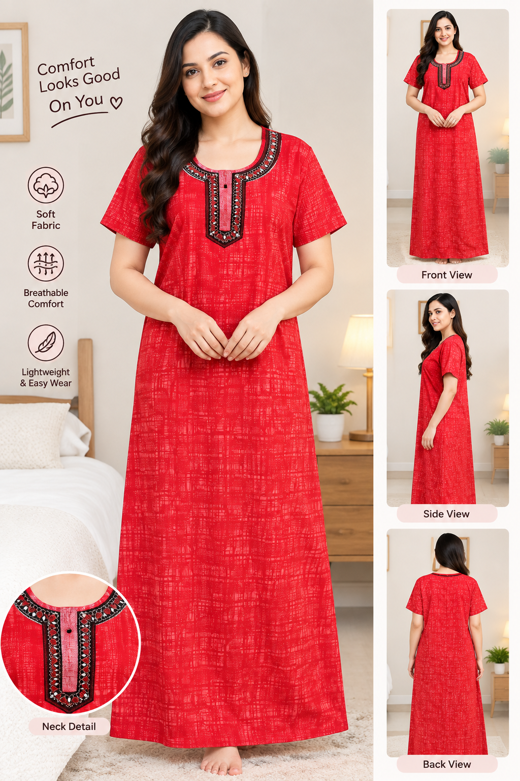 Women’s Cotton Nighty Red Printed Nightdress with Half Sleeves, Stylish Round Neck & Full Length