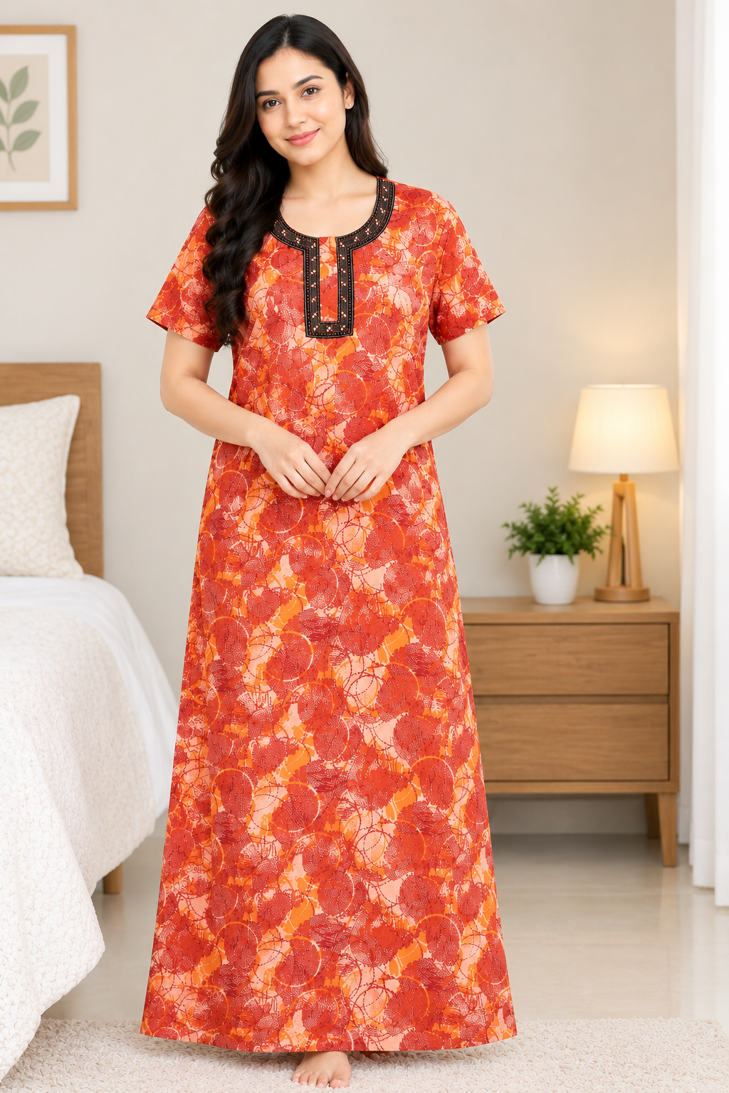 Women’s Cotton Nighty Orange Printed Nightdress with Half Sleeves, Round Neck & Comfortable Long Fit