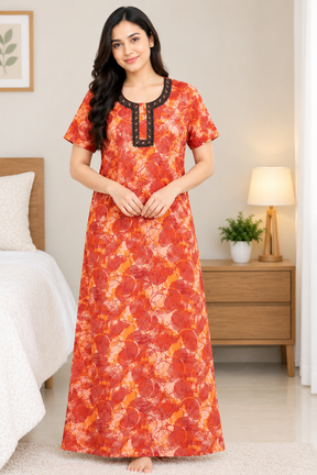 Women’s Cotton Nighty Orange Printed Nightdress with Half Sleeves, Round Neck & Comfortable Long Fit