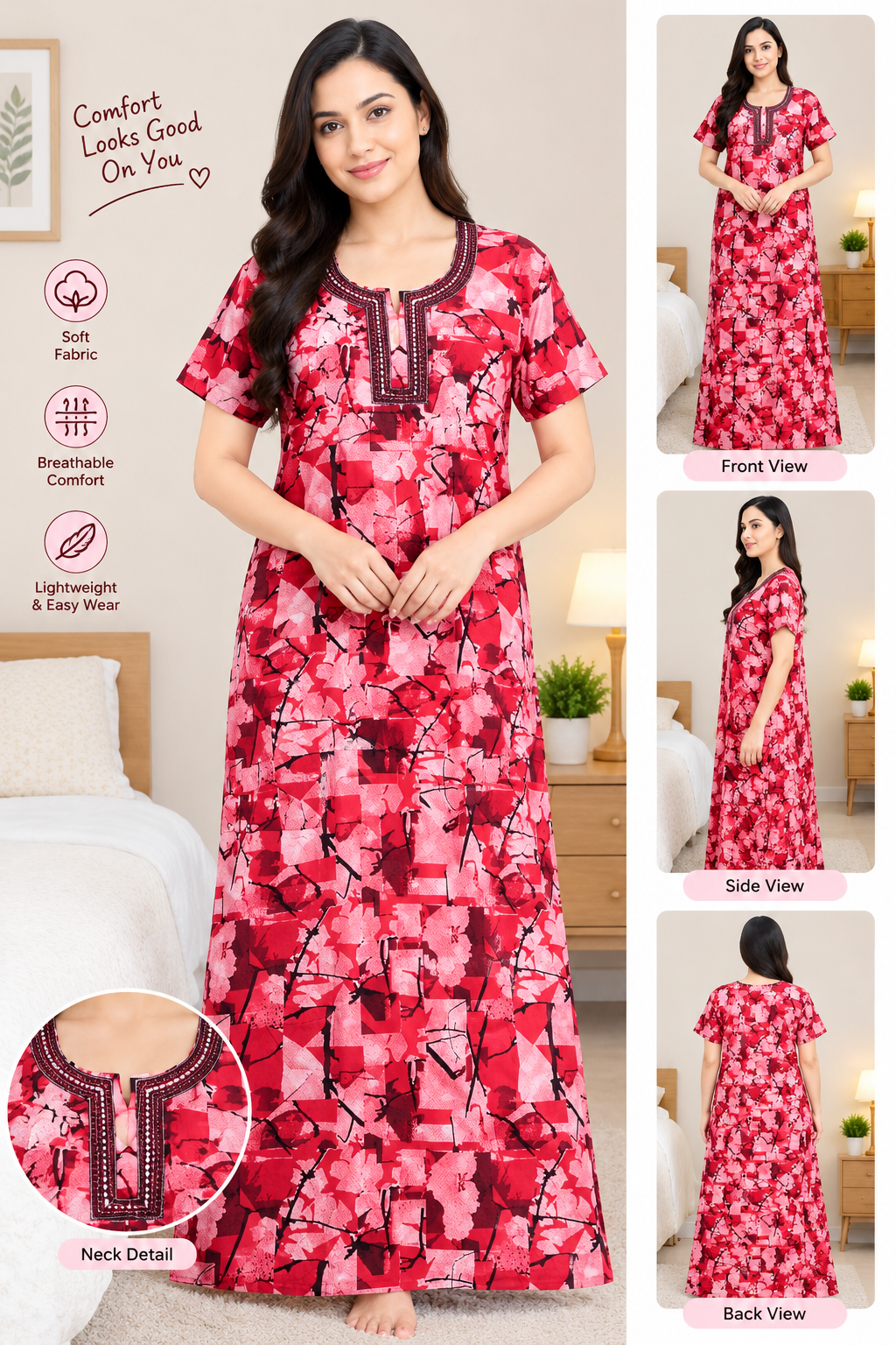 Women’s Cotton Nighty Pink Printed Nightdress with Half Sleeves, Stylish Round Neck & Full Length