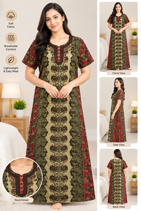 Women’s Cotton Nighty | Brown & Maroon Printed Long Night Dress | Half Sleeve Floral & Paisley Print Nightgown