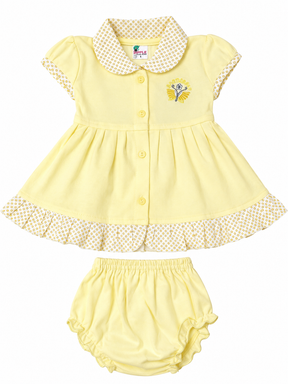 Baby Girl Frock Set with Matching Bloomers | Cute Cotton Dress with Printed Collar & Frill