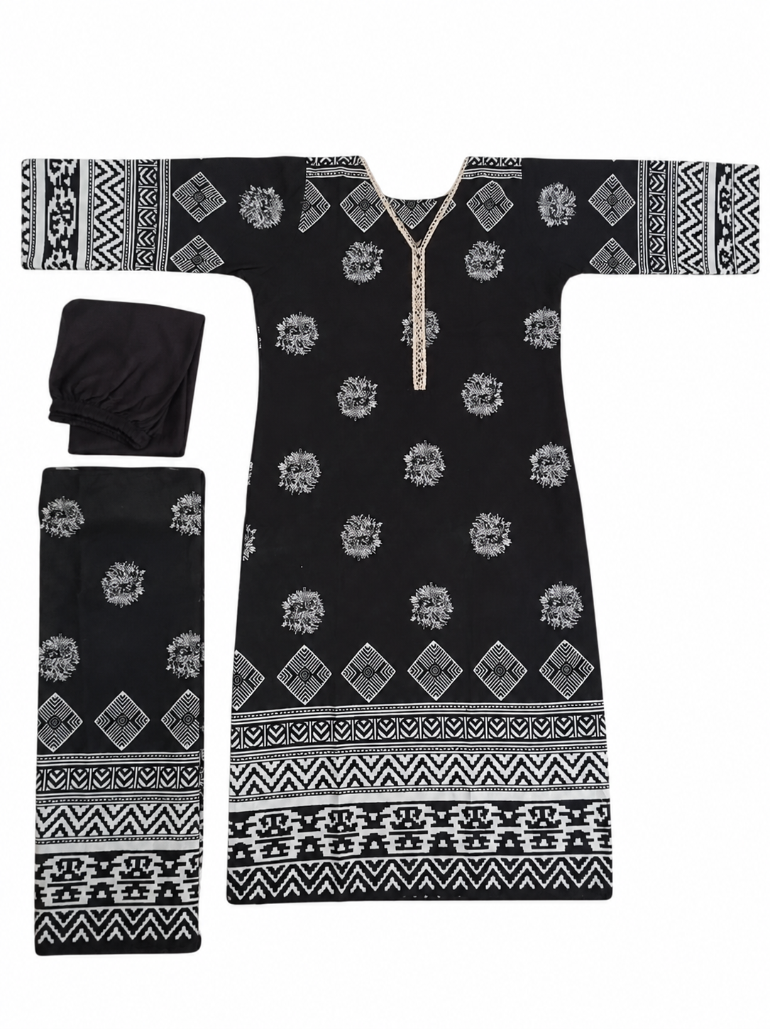 Black Printed 3/4 Sleeve Kurta Set for Women with Dupatta & Black Pants