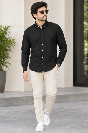 Men's Black Linen Full Sleeve Solid Casual Shirt | Comfortable Regular Fit Button-Down Shirt