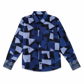 Boys Navy Blue Geometric Printed Cotton Shirt | Stylish Casual & Party Wear Kids Shirt