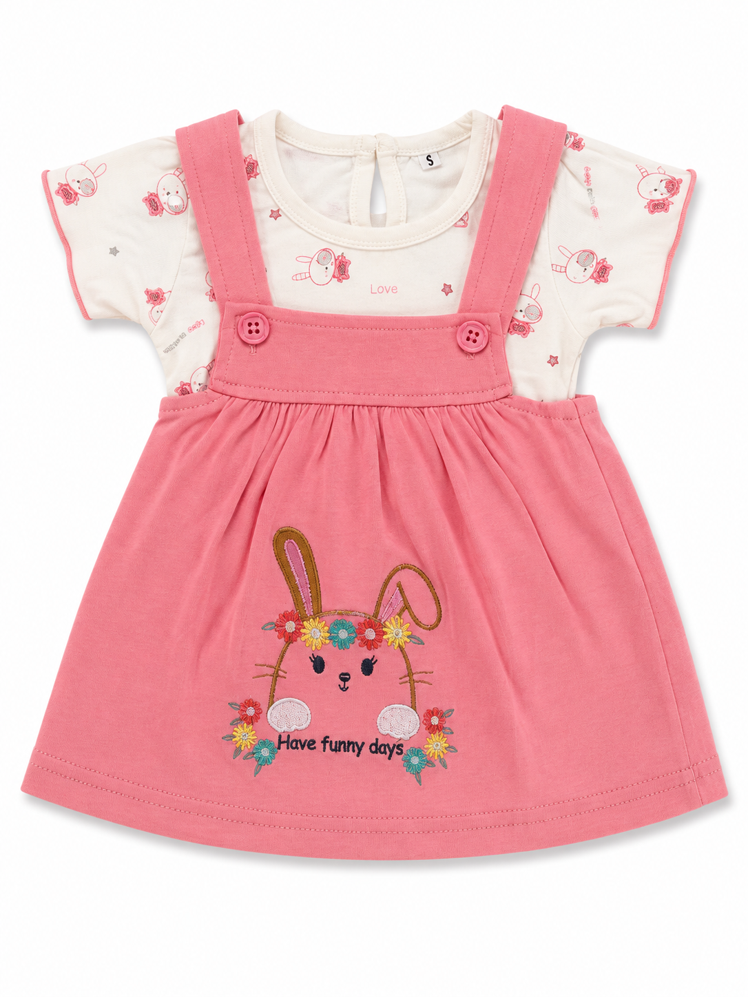 Baby Girls Bunny Embroidered Dress Set | Cute Printed T-Shirt with Suspender Frock | Stylish Casual Outfit for Kids