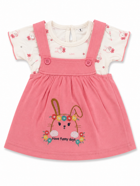 Baby Girls Bunny Embroidered Dress Set | Cute Printed T-Shirt with Suspender Frock | Stylish Casual Outfit for Kids
