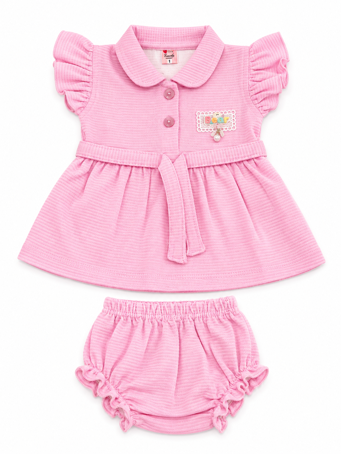 Baby Girls Dress Set with Bloomer Shorts | Collared Frock with Ruffle Sleeves & Waist Tie | Cute Casual Outfit for Kids