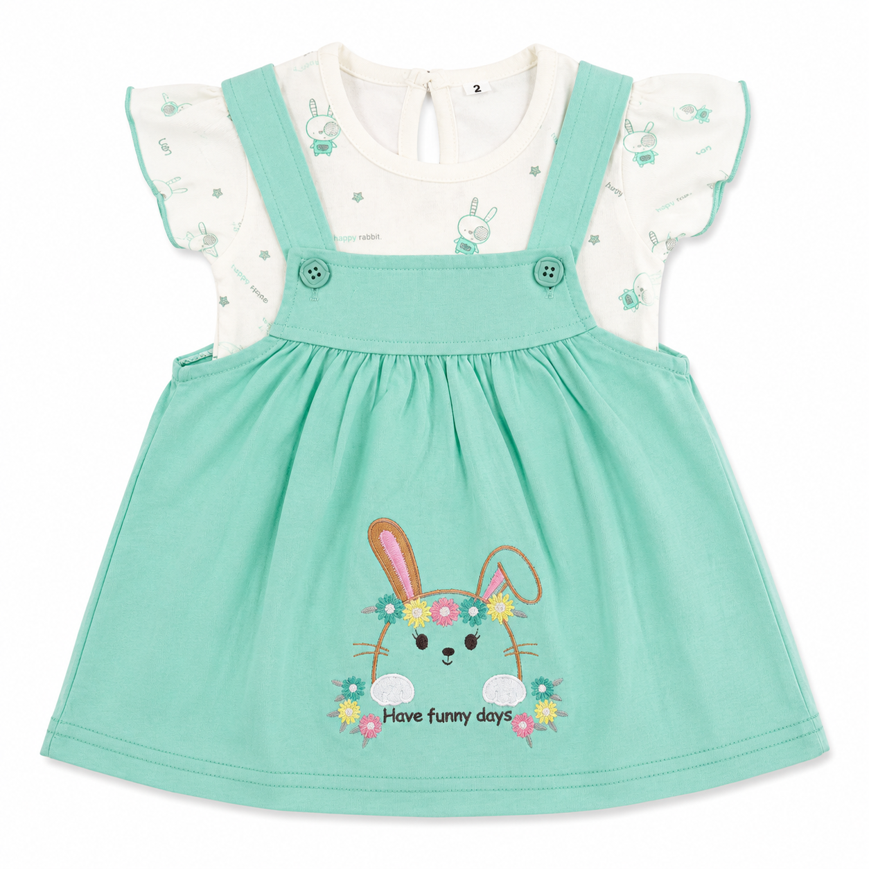 Baby Girls Bunny Embroidered Dress Set | Cute Printed T-Shirt with Suspender Frock | Stylish Casual Outfit for Kids