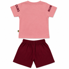 Baby Boys Pink Printed T-Shirt & Maroon Shorts Set | Cute 2-Piece Cotton Casual Outfit
