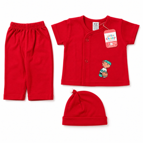Baby Red Cotton Cute Cartoon Print Outfit Set with Matching Cap | Comfortable Newborn & Infant Clothing Set