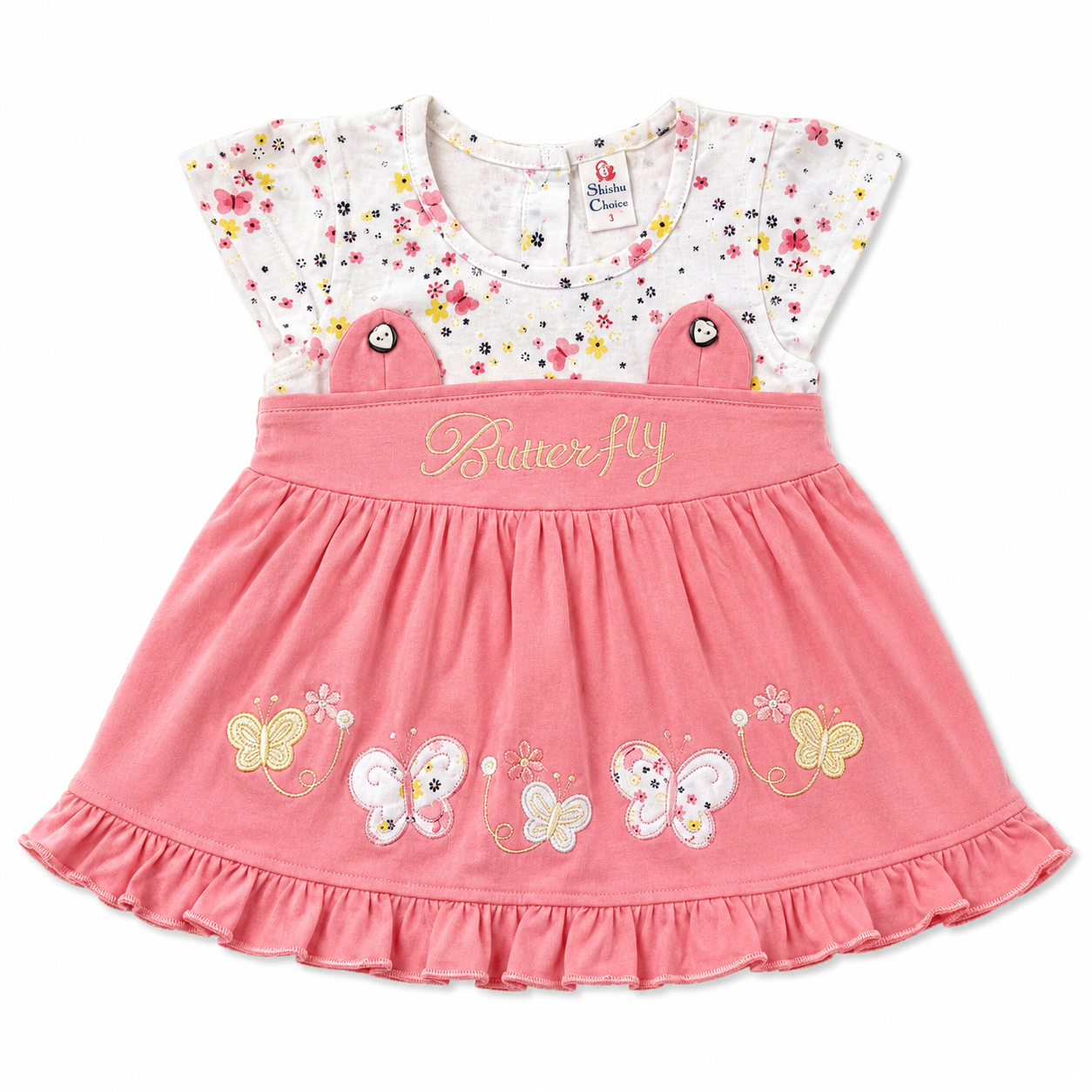 Baby Girl Butterfly Frock | Floral Print Party Wear Dress with Embroidery & Frills
