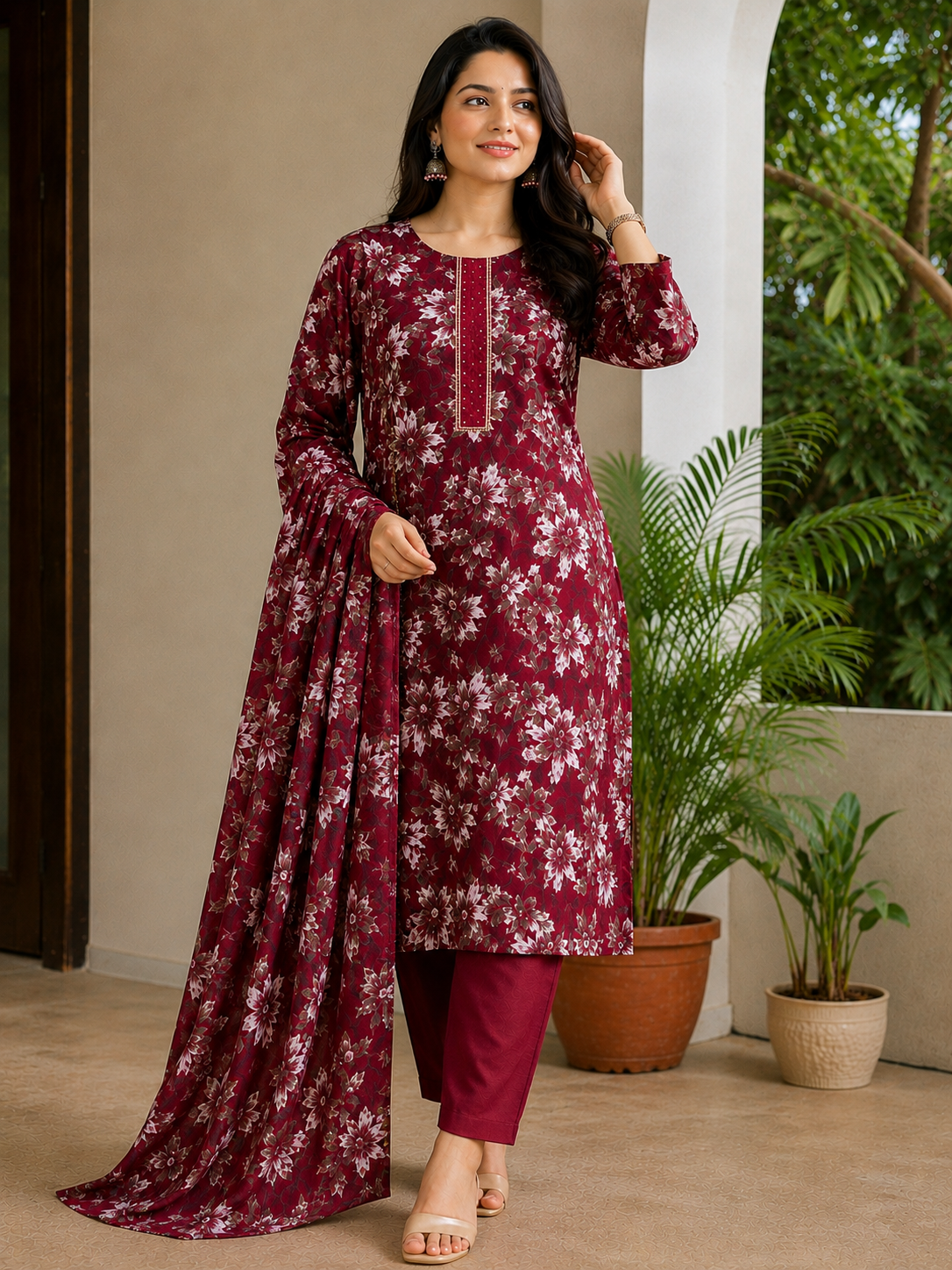 Women’s Maroon Floral Printed Kurta Set with Dupatta & Pants | Elegant 3-Piece Ethnic Wear