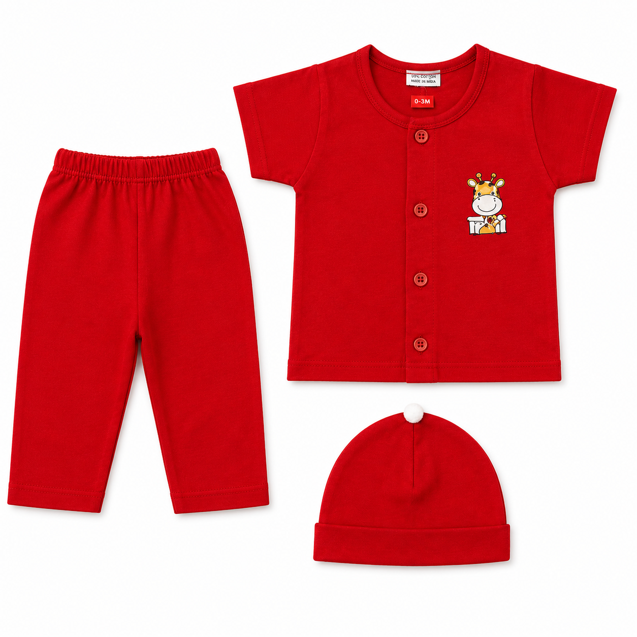 Red New Born Giraffe Print Clothing Set with Button Top, Pants & Cap